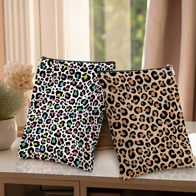 2 Pack Rainbow Leopard Print Book Sleeve, Books Protector，Books Pouch， Book Lovers Gifts，Bookish Gifts Waterproof Cover with Zipper，Leopard Decor Gift Bag for Women Daughter Thank You Christmas