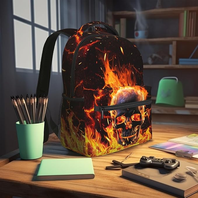 Flaming Skeleton Laptop Book Bag Daily Backpack Large Capacity Universal Waterproof Fire Skull Bags With Adjustable Straps Lightweight Breathable Leisure Travel Camping Backpack 15x11in