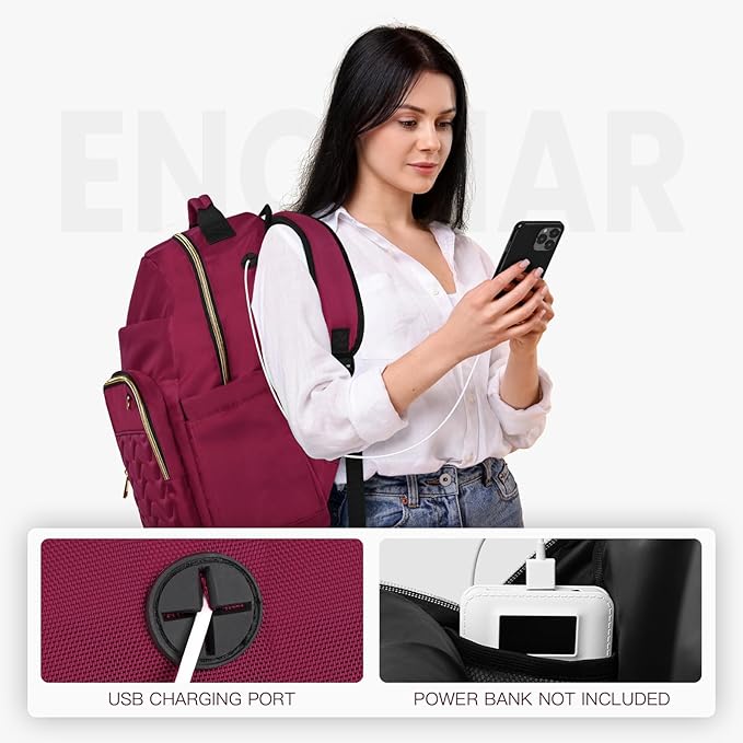 Travel Laptop Backpack for women, Work Backpack Woman with USB Charging Port, Water Resistant College Backpack, Stylish Quilted Girls Backpack Casual Daypack for 15.6 Inch Laptop, Red