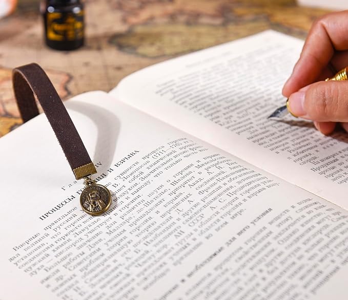 Bookmarks, Handmade Retro Cross Bible Bookmark with Long Leather Straps, Oval Tag Christian Saint Book Mark, Ideal Christian Gift (Style 7)