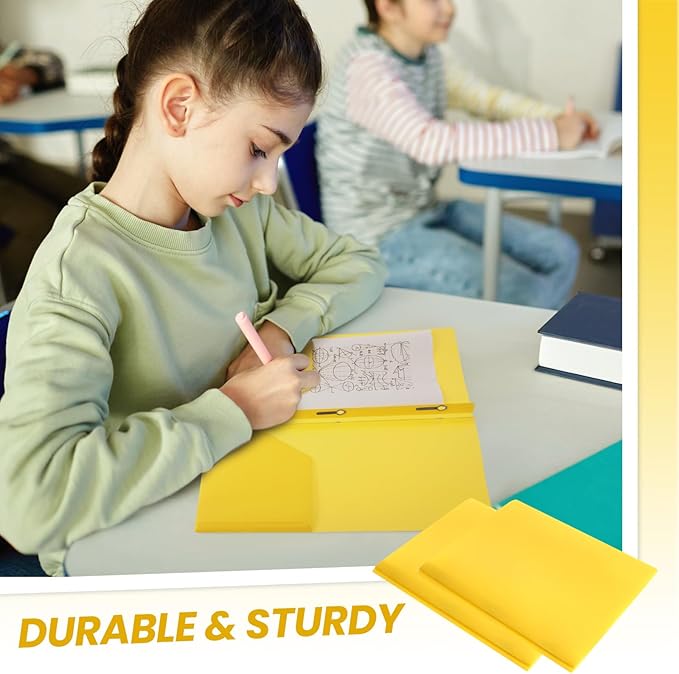 Yeaqee 60 Pcs Plastic Folders with Pockets and Prong Plastic Folders with 2 Pockets Pocket for Office, School for Students, Teachers, Office Workers (Yellow)