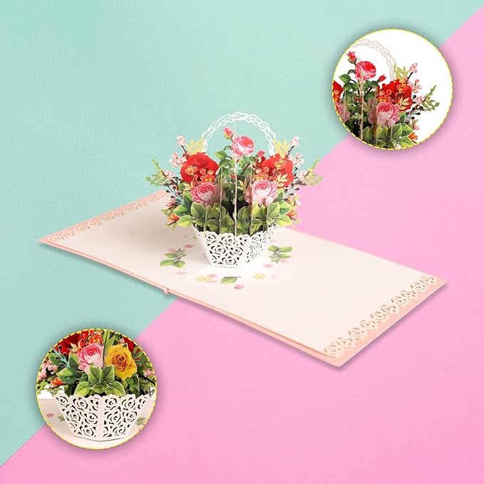 Valentines Day Card, Flower Basket Pop Up Card, Mother's Day Pop Up Card, Birthday Cards for Women, Thinking of You, Greeting Card, Get Well Soon Cards, Wonderful Souvenir, Wife, Grandma