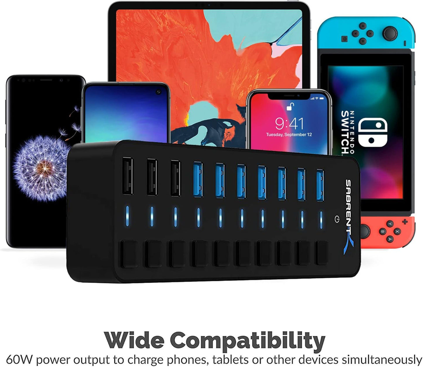 SABRENT 10-Port USB 3.0 Hub, Individual Power Switches and LEDs, 3 Smart Charging Ports, 60W Power Adapter, for PC, Mac, Xbox, PS5, Laptop, Desktop, USB Devices (HB-B7C3)