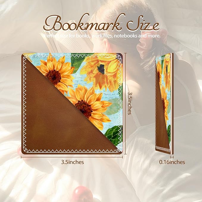 Personalized Leather Bookmarks, Fun & Cute Book Accessories for Reading Lovers, Unbreakable Page Markers for Women Men Girls Boys Student Teacher Kids Retirement Birthday Gifts (Golden Sunflower)