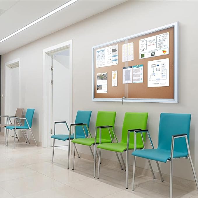 SWANCROWN Enclosed Locking Bulletin Board Cork Message Board with Sliding Glass Doors,for Indoor Use,48"x31.5"