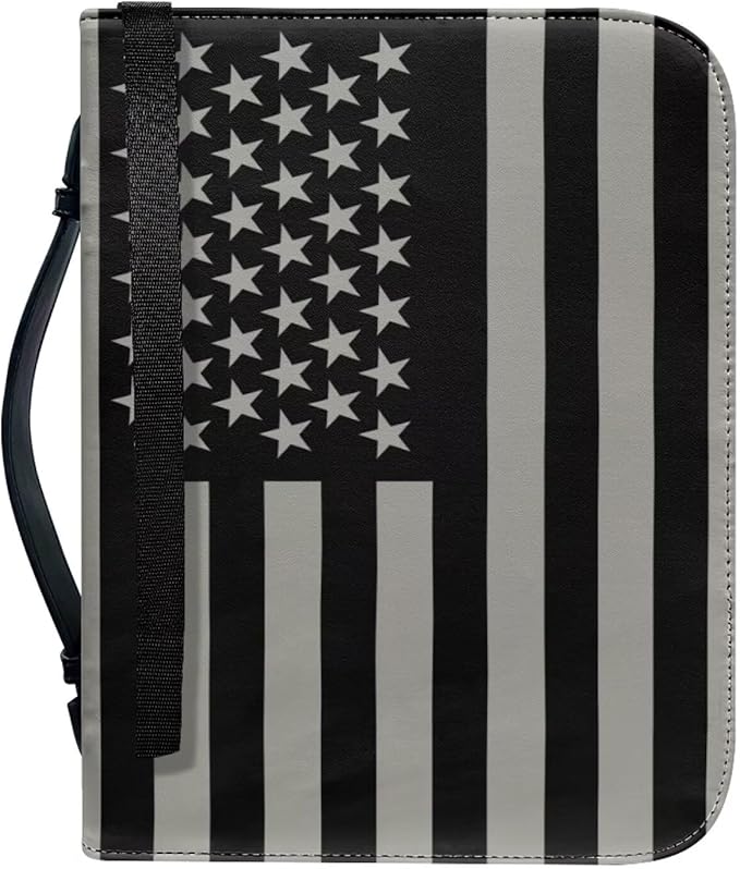 Lotusorchid American Flag Printed Leather Bible Cover for Women Size Large Bible Case with Handle and Zipper, Church Protector Bible Bags
