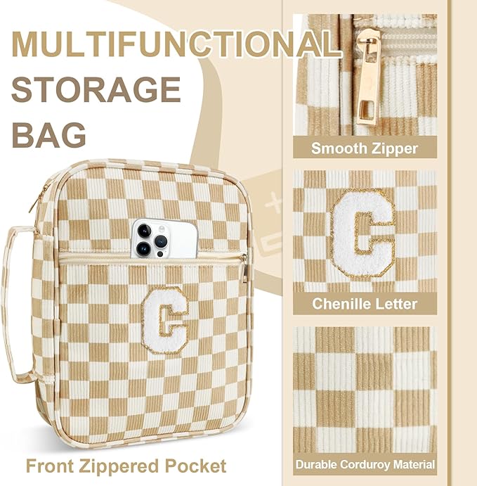 Personalized Initial Bible Cover Case for Women Girls Kid - Large Corduroy Bible Case with Handle, Stylish Chenille Letter Bag Study Supplies, Perfect Christmas Gifts for Christians Women (Khaki-C)