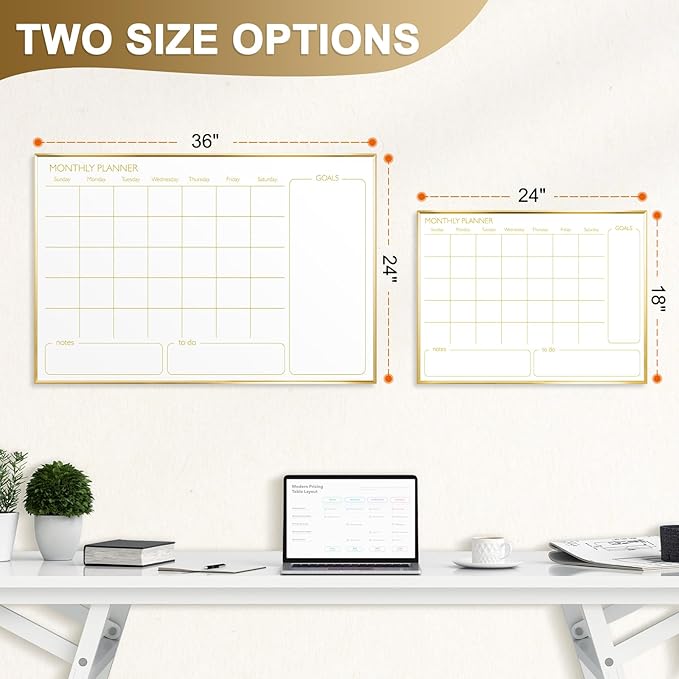 Magnetic Dry Erase Calendar Board for Wall - 36'' x 24'' Monthly Calendar Whiteboard - Gold Aluminum Frame