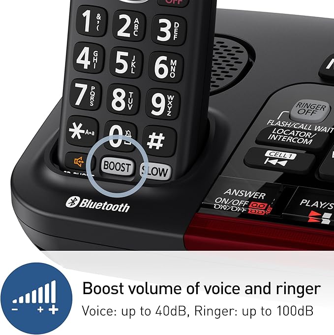 Panasonic Amplified Cordless Phone with Slow Talk, 40dB Volume Boost, 100dB Lound Visual Ringer, Hearing Aid Compatibility, Large Screen and Backlit Keypad, Link2Cell - KX-TGM430B - 1 Handset (Black)