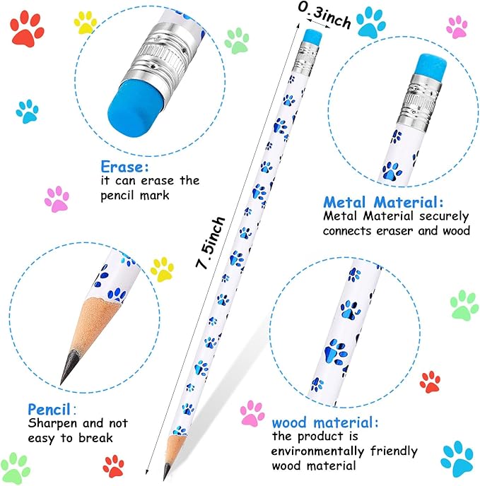 Chinco 200 Pcs Paw Print Pencils Dog Paw Wooden Writing Novelty Pencils with Erasers for Kids Doggy Party Favors Welcome Back to School Party Supplies, 6 Colors