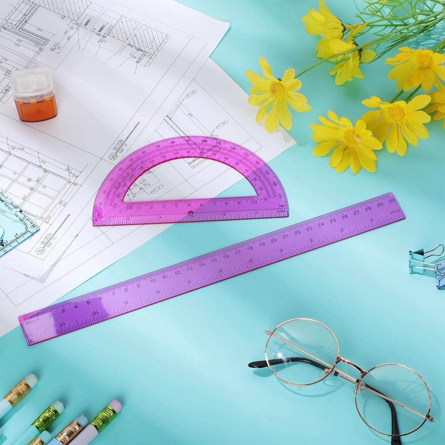 Zonon 2 Pack 12'' Plastic Ruler and 6'' Plastic Protractor Set Clear Ruler Protractor Set Math Geometry Supplies for School Classroom Home Office Drawing(Purple)