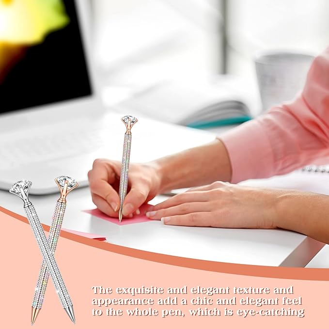 Jeyiour 6 Pcs Big Diamond Pens with Crystal Bling Rhinestone Metal Glitter Diamond Ballpoint Black Ink Pens Wedding Bridal Shower Favors for Birthday Gift Supplies(Silver, Rose Gold)