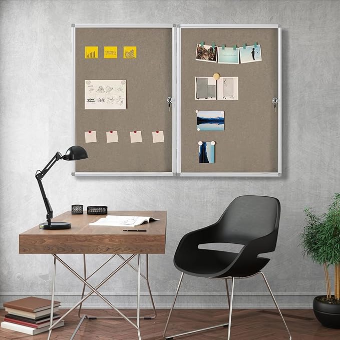 Lockable Waterproof Gray Bulletin Board with an Aluminum - Framed Comes with Mounting Screws. Perfect for School Classrooms and Offices. Wall - Mount it to Display Pictures 36x24 Inches (Felt Board)