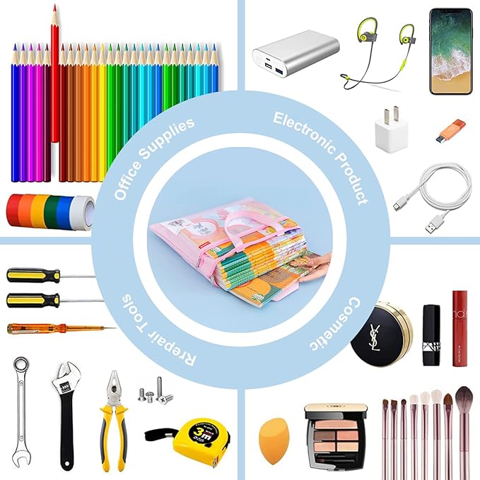 Pendancy Mesh Zipper Pouch 11x13.7 in, Large Double Pocket Waterproof File Bag with Handle, A4 Size Foldable Document Storage for Puzzle Project/Cross Stitch/Travel/Office（Blue）