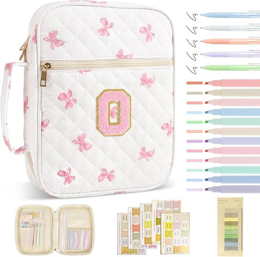 Personalized Initial Bible Cover Case for Women Girls Kid - Large Quilted Bible Case with Handle, Stylish Chenille Letter Bag Study Supplies, Perfect Christmas Gifts for Christians Women (Pink Bow-O)