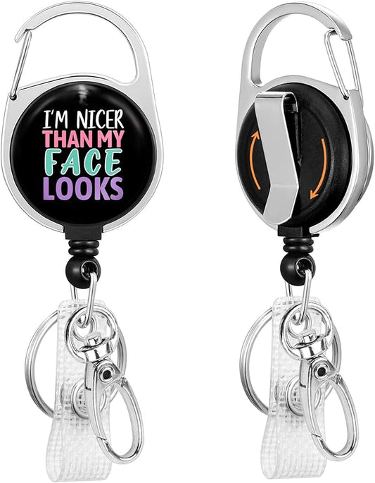 Gctriki Funny Badge Reel Heavy Duty with 360 Swivel Carabiner Clip, Cute ID Badge Holder, Nurse Teacher Retractable Keychain Name Badge Clip I'm Nicer Than My Face Looks