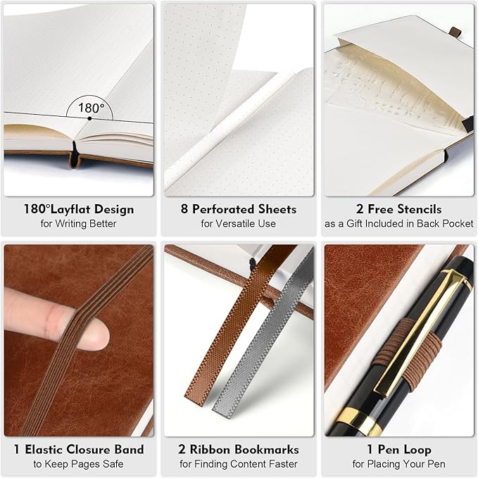 Dotted Journal Notebook, 312 Numbered Pages Large B5 Hardcover Dot Journal, 100gsm No Bleed Paper Dot Grid Notebook with Index Pages, Dotted Notebooks for Women Men, 7.6'' X 10'', Brown