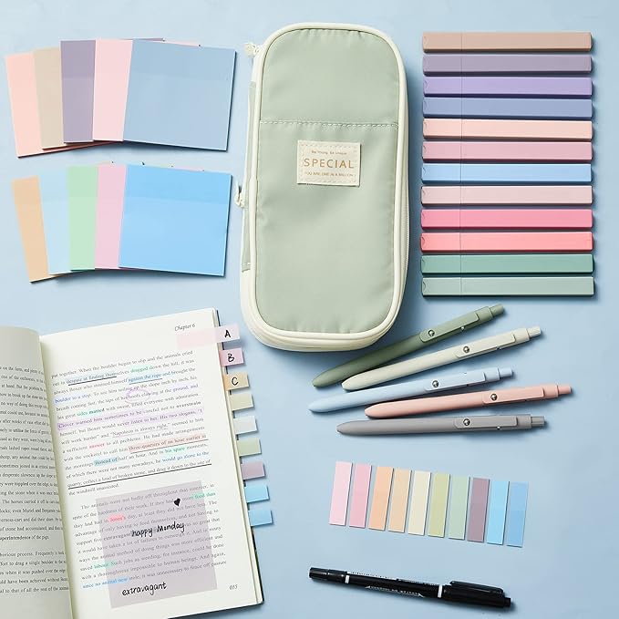 Jutom 39 Pcs Aesthetic Book Annotation Kit Pencil Case Bag with Highlighter Gel Pen 700 Sheets Transparent Sticky Notes Pads Index Tab Bible Study Supplies for School(Green,Cute Style)