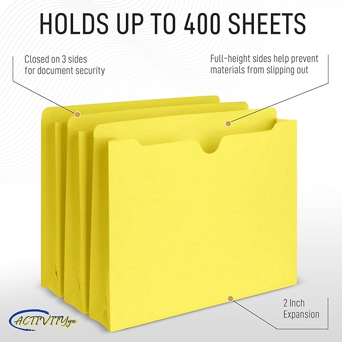 Yellow File Jackets, 2 Inch Expansion, Letter Size, Reinforced Straight-Cut Tab, 6 Pack