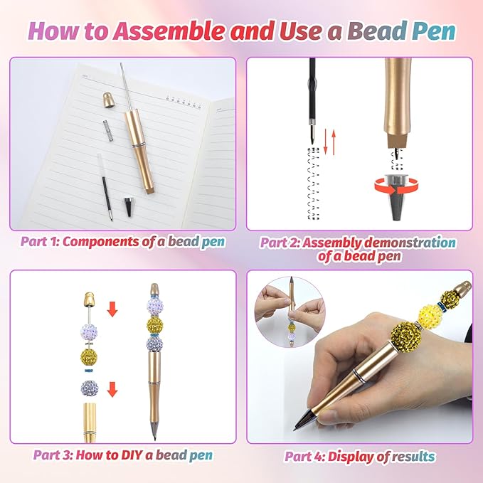 15 Pieces Beadable Pens - Beaded Pens Plastic Diy Black Ink Ballpoint Pens Bulk - Bead Pens Suitable For Teacher, Students, Office, School, Graduation Gift Supplies（Golden）