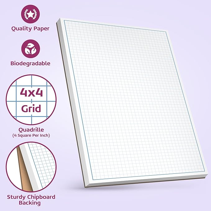 Graph Paper Pad for Blueprint Drawings, Drafting, Engineering Drawing, and Planning - Graph Paper 8.5x11 Blueprint Quadrille Grid Paper Pads with Blue Lines, High Brightness 50 Sheets (5-Pack)