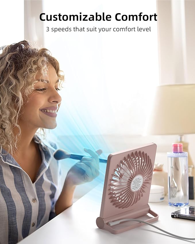 Koonie USB Fan, Strong Wind Ultra Quiet Small Desk Fan 220° Tilt Folding 3 Speeds Adjustable USB-C Corded Powered Personal Fan for Home Office Desktop Pink
