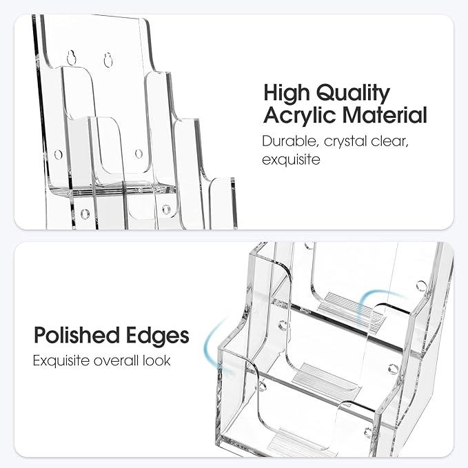 MaxGear Acrylic Brochure Holder, 4-Inch Wide 3 Tier Brochure Display Stand Clear Literature Holder Premium Acrylic Pamphlet Holder Multi Pocket, Wall Mount or Counter Top Use(4 Pack)