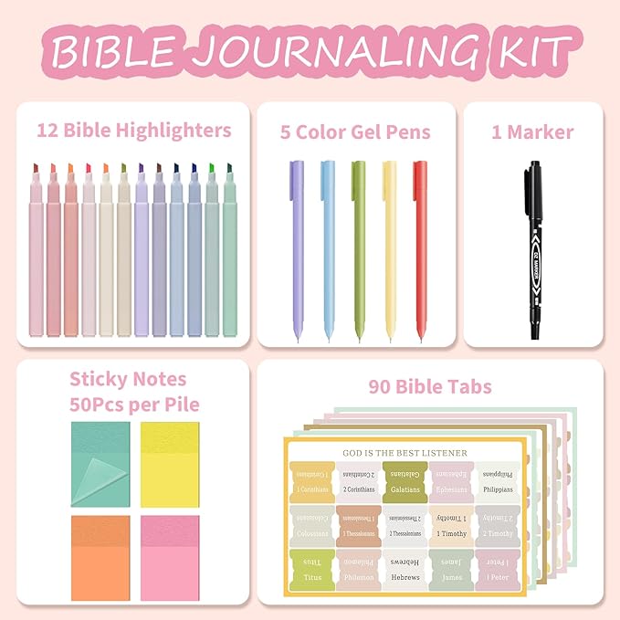 28 Pcs Bible Study Supplies,Bible Journaling Kit for Women, Morandi Bible Study Kit with Pastel Bible Highlighters and Tabs,Bible Pens,Sticky Notes,Bible Annotation Kit