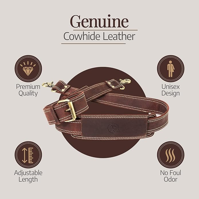 NJ Leatherworks Leather Bag Strap, Adjustable Replacement Shoulder Strap for Messenger, Duffel, Laptop, Camera Bags or Purses