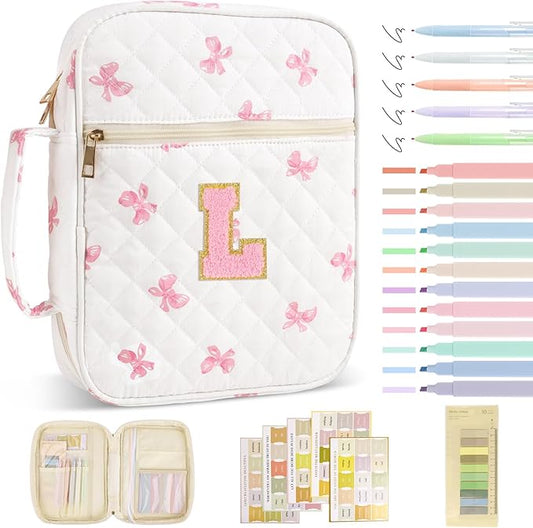 Personalized Initial Bible Cover Case for Women Girls Kid - Large Quilted Bible Case with Handle, Stylish Chenille Letter Bag Study Supplies, Perfect Christmas Gifts for Christians Women (Pink Bow-L)