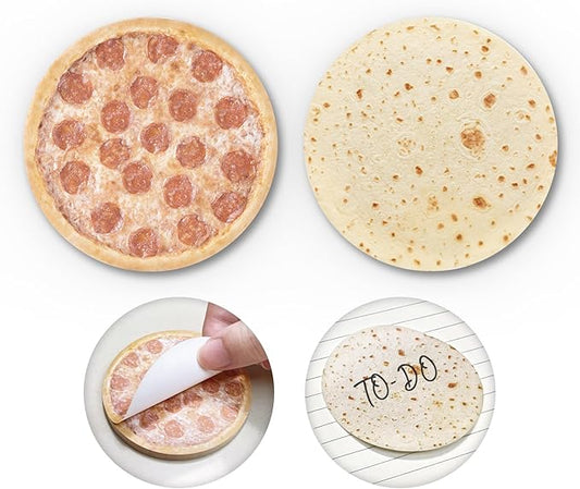 Funny Sticky Notes Cute 2 Pads, Fun Sticky Note Pads Burrito & Pizza Design, Cute Sticky Notes Office Desk Gifts, Self-Stick Note Pads, Set of 2, Round