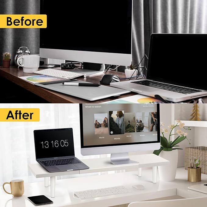 Dual-Monitor-Stand-Riser-For-Desk Adjustable Length 32-40 Inch，Large Desktop Computer Monitor Riser For 2 Screens，Desk Shelf Organizer Riser Stand For Computer/Laptop/PC/Printer/TV White