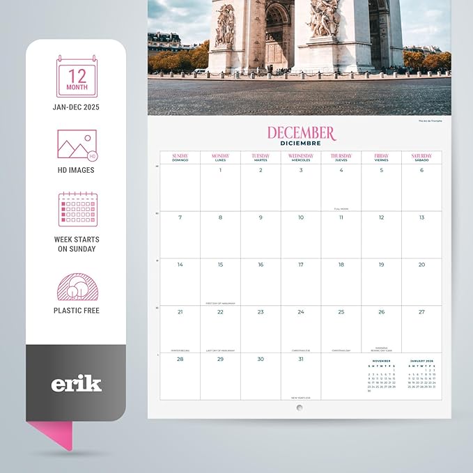 Paris Wall Calendar 2025 12" x 12" FSC® Plastic Free - Starts Week On Sunday | Square Wall Calendar | Family Planner Calendar 2025 | Travel Calendar 2025