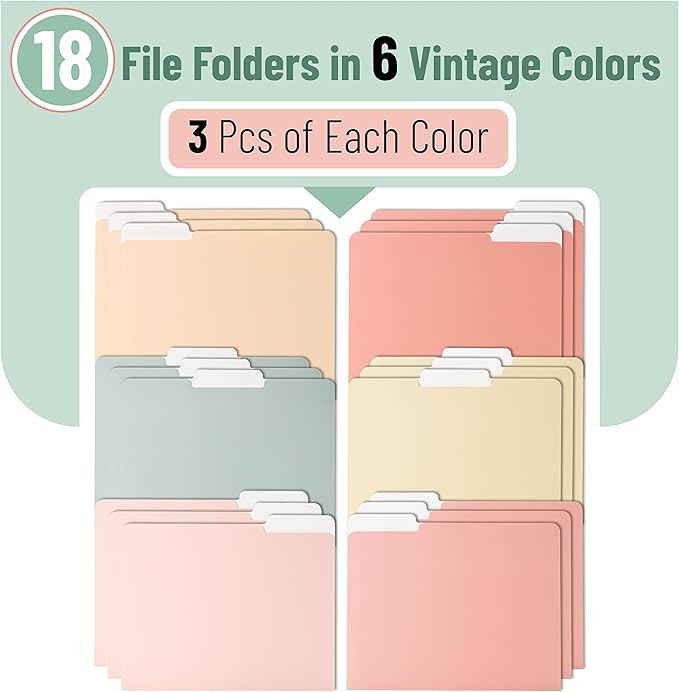 Mr. Pen File Folders - 18 Pack with Vintage Colors and 1/3-Cut Tabs - Letter Size, Colored Office Supplies