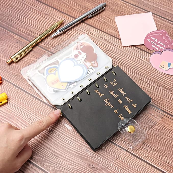 Glitter Powder PVC Binder Cover 6 Round Ring Binders Snap Button Closure Loose Leaf Folders Refillable Soft PVC Notebook Shell Protector (Gold 6 Rings, A7 Binder)