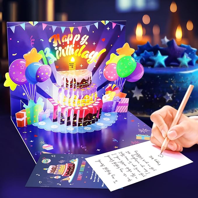 Birthday Cards, Musical Pop Up Birthday Cards with Light, Blow Out LED Light Candle and Play Happy Birthday Music Pop Up Card, Birthday Gifts for Women Men Husband Wife Kids Greeting Cards