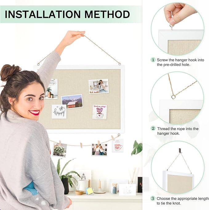 DOLLAR BOSS Cork Board Bulletin Board with Linen Double-Sided 24" x 18" Linen Corkboards for Walls Picture Display Vision Board for Office Home School Framed Picture Pin Board, 20 Pushpins 10 Clips