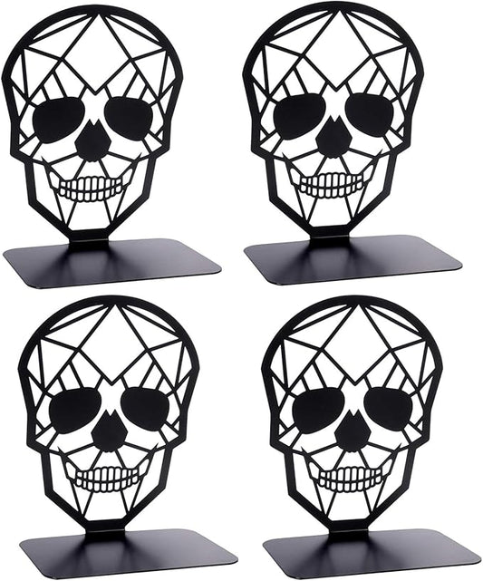 Metal Skull Design Black Bookend - Heavy-Duty Bookends for Shelves, Skull Book Ends for Heavy Books, Book Shelf Holder Home Office Decorative Desktop Organizer (2 Pair)