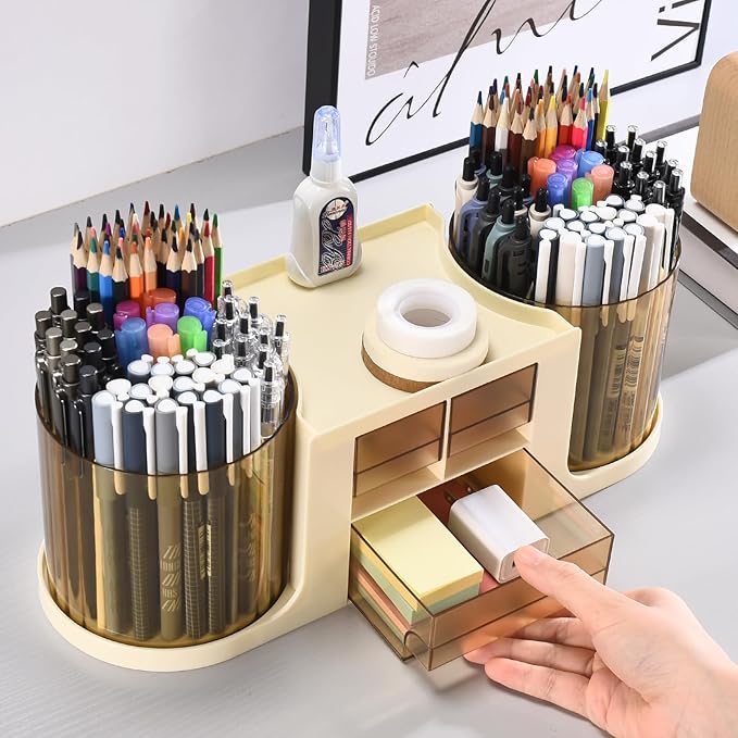 Rotating Desk Organizer with 2 Pen Holder, Desk Organizers and Accessories with 10 Slots Pencil Holder for Desk + 3 Drawer, Art Supply Storage Box Caddy for Office School Home (Beige)