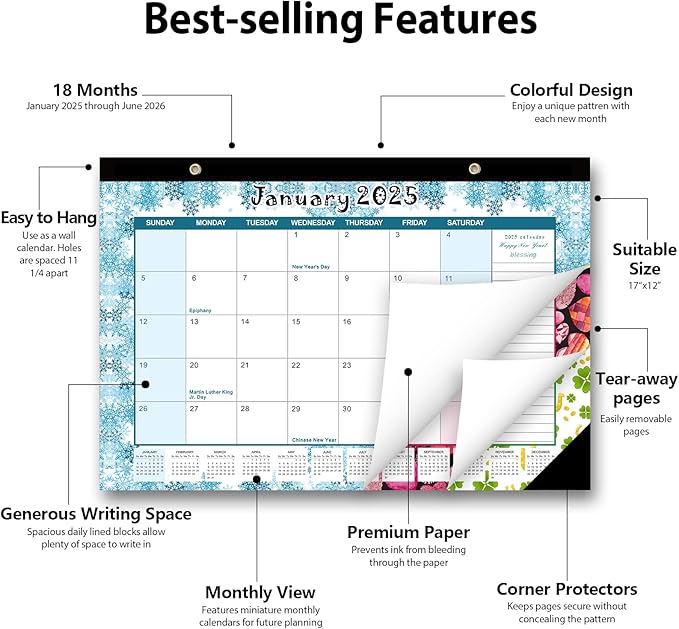 GuassLee Desk Calendar 2025, 2025 Desktop Calendar Monthly Pages 17" x 11.5" Runs from January 2025 to June 2026-18 Monthly Hanging Calendar with Corner Protectors for School, Home and Office