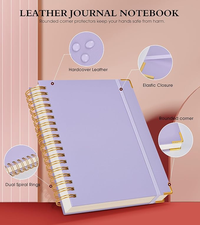Spiral Notebook Journal 7.6” x 10”, 300 Pages Hardcover Leather Lined Journals for Women Men, B5 Large College Ruled Notebooks with 100 GSM Thick Paper, Spiral Journal for Writing Work, Purple