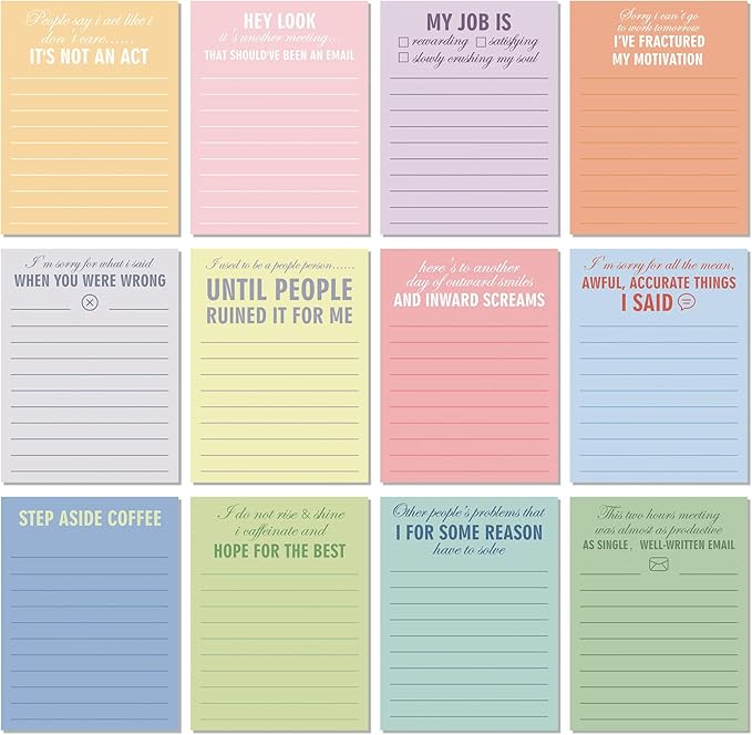Funny Notepads with Sayings Sticky Funny Office Supplies to Do List Sarcastic Work Assorted Notepad for Workers, 12 Designs, 3 x 3.93 Inch(Classic Style)