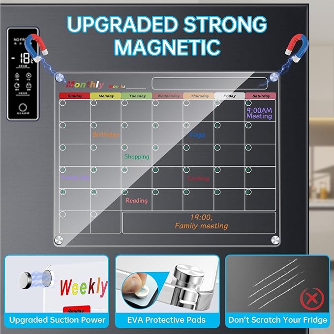 Fridge Calendar Meal Planning Board, Dry Erase Acrylic Magnetic Monthly Weekly Calendar Planner for Refrigerator with 6 Colors Markers (Transparent-Weekly+Monthly(15.7x11.8"))