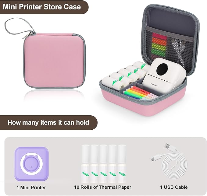 QYCHHJ Carrying Case for Phomemo T02/Memoking/HUIJUTCHEN Mini Sticker Printer, Portable Hard Travel Case for Label Maker, Thermal Printer Paper, Pink