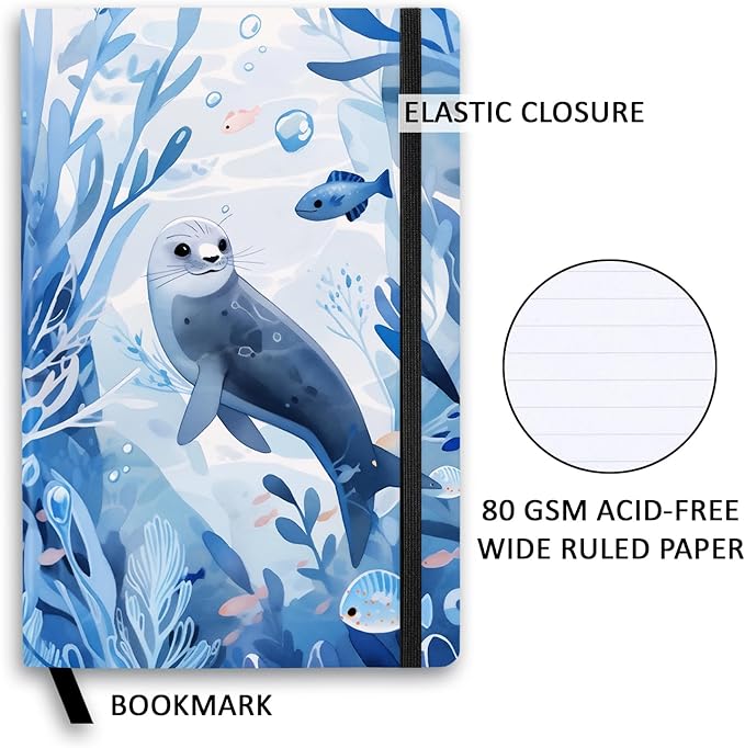 RICCO BELLO Wide Ruled Hardcover Diary Journal School Notebook for Kids, Tweens - Bookmark, Band Closure, Storage Pocket, 5.7 x 8.4 Inches, 192 Pages (Seal)