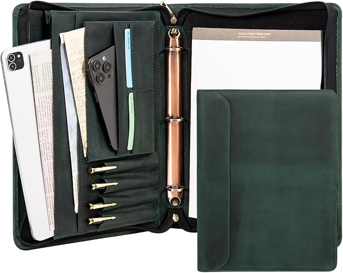AZXCG Padfolio for Men, Leather Document Organizer with 3 Ring Binders, Legal Pad Resume Holder, Work Binder Folder, Zip Binders 3 Ring, Green, Gift for Men/Son