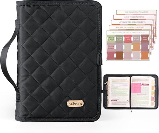 Adjustable Bible Cover with 75 Bible Tabs - Bible Cover Case for Women，Waterproof, Washable Quilted Bible Case，Reusable Christian Gifts for Women (Black, S)