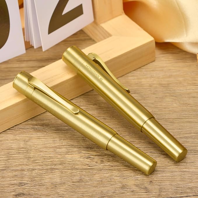 Hongdian M2 Mini Brass Fountain Pen with Extra Fine Soft Golden Nib, Sleek Shape Short Pocket Travel Pen (Glossy Brass)