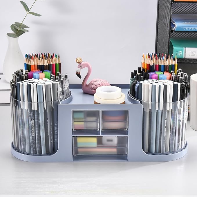 Rotating Desk Organizer with 2 Pen Holder, Desk Organizers and Accessories with 10 Slots Pencil Holder for Desk + 3 Drawer, Art Supply Storage Box Caddy for Office School Home (Blue)