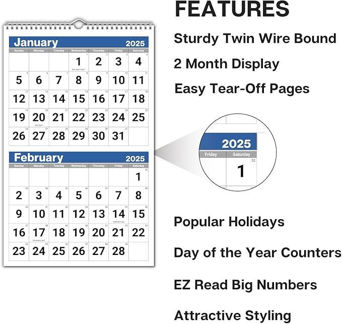 Dunwell 2-Month View Wall Calendar 2025, 11x17" Open, Use to Dec 2025, 2 Month Display, Vertical Two Months Wall Calendar for Office, Ships Folded